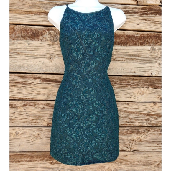 Metallic Green Lace Minidress by Jessica McClintock Gunne Sax - Size 3/4 - Picture 1 of 7
